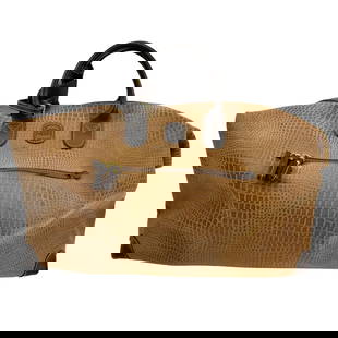 Brics Faux Alligator Leather Travel Luggage Bag: Brics faux alligator leather travel bag. Fine quality Italian tote bag. Brown leather handles with constructing lighter brown leather body. One open outside pocket and one outside zippered pocket. Int