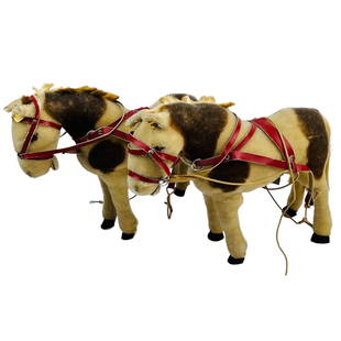 Steiff Germany Mohair Toy Horses w/ Button in Ear: Estate lot of a total of 2 x Steiff stuffed plush horses, both in standing poses with red leather reins and a long pull cord. Each modeled with mohair, beaded eyes, stitched felt mouth and tongue and