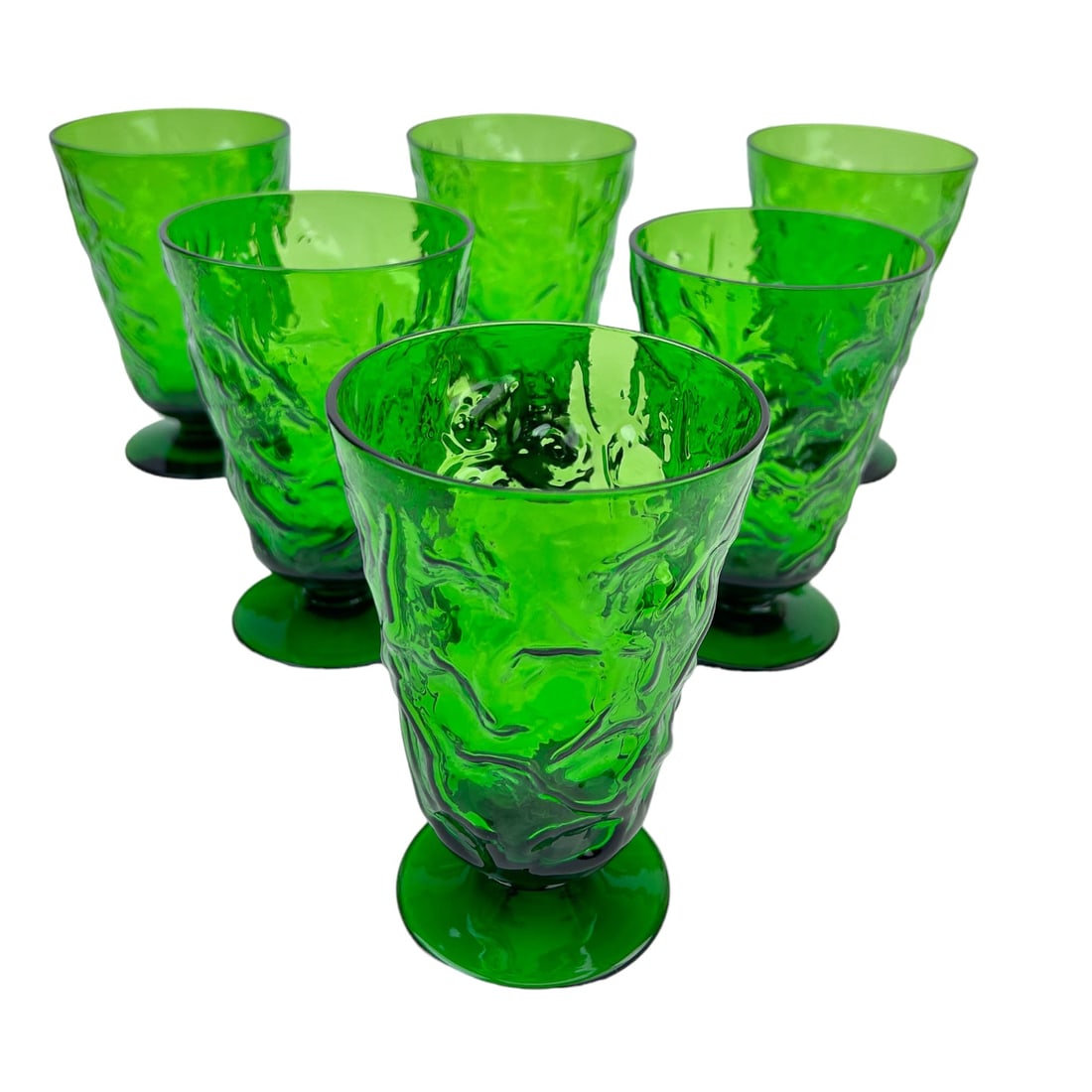 Morgantown Vintage 1940s Crinkle Green Glass 6 pcs: Morgantown vintage 1940s crinkle green glass glasses. Glasses are pedestal water glasses in shamrock green. Glasses are in a set of six (6). No apparent signature. Dimensions: 5.5 X 4 X 4 in. Conditio