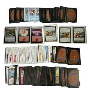 300 + Magic The Gathering Trading Card Collection: Includes a total of over 300 Magic The Gathering MTG trading cards. There are several duplicates. None have been professionally graded or evaluated. Signed ~ stamped / marked as shown. Condition: Good