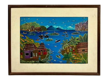 Tropical Seascape Folk Art Oil Painting on Canvas: 20th century oil painting on canvas depicting a Central American tropical seascape with figures, houses, people rowing in boats, palm trees, pelican sea birds and sea gulls in flight and blue mountain