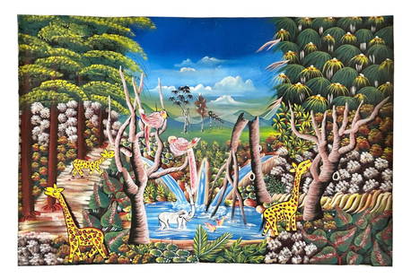 Haitian Folk Art Wildlife Animal Bird Oil Painting: 20th century oil painting on canvas. Subject matter depicts a forest scene with wild animals and birds. Signed by the artist lower left. Being sold as unframed. Will be shipped rolled up in a tube. Co