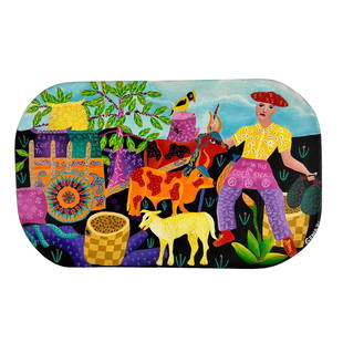 Costa Rica Folk Art Figural Animal Wood Painting: Late 20th century hand painted oil on wood board article of Central American cultural art. Subject matter depicts a colorful scene featuring a man in a cap, cows, sheep, a bird, a snake, a cafe and a