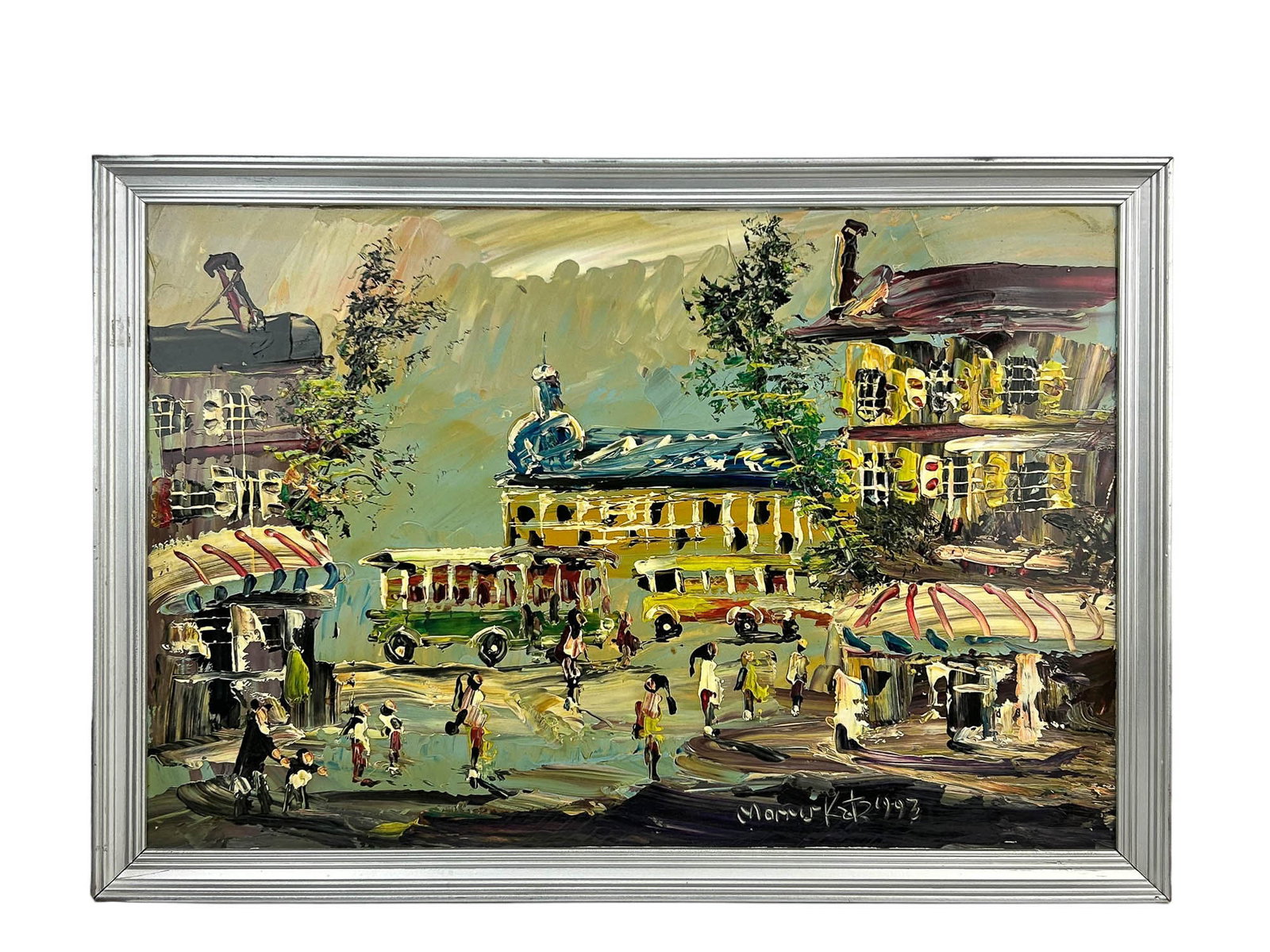 Morris Katz 1932-2010 Figural Cityscape Painting: 20th century oil painting on board by Morris Katz ( American / Ukrainian, 1932 - 2010 ). Subject matter depicts a bustling figural street / cityscape scene with buses and trolleys, building structures