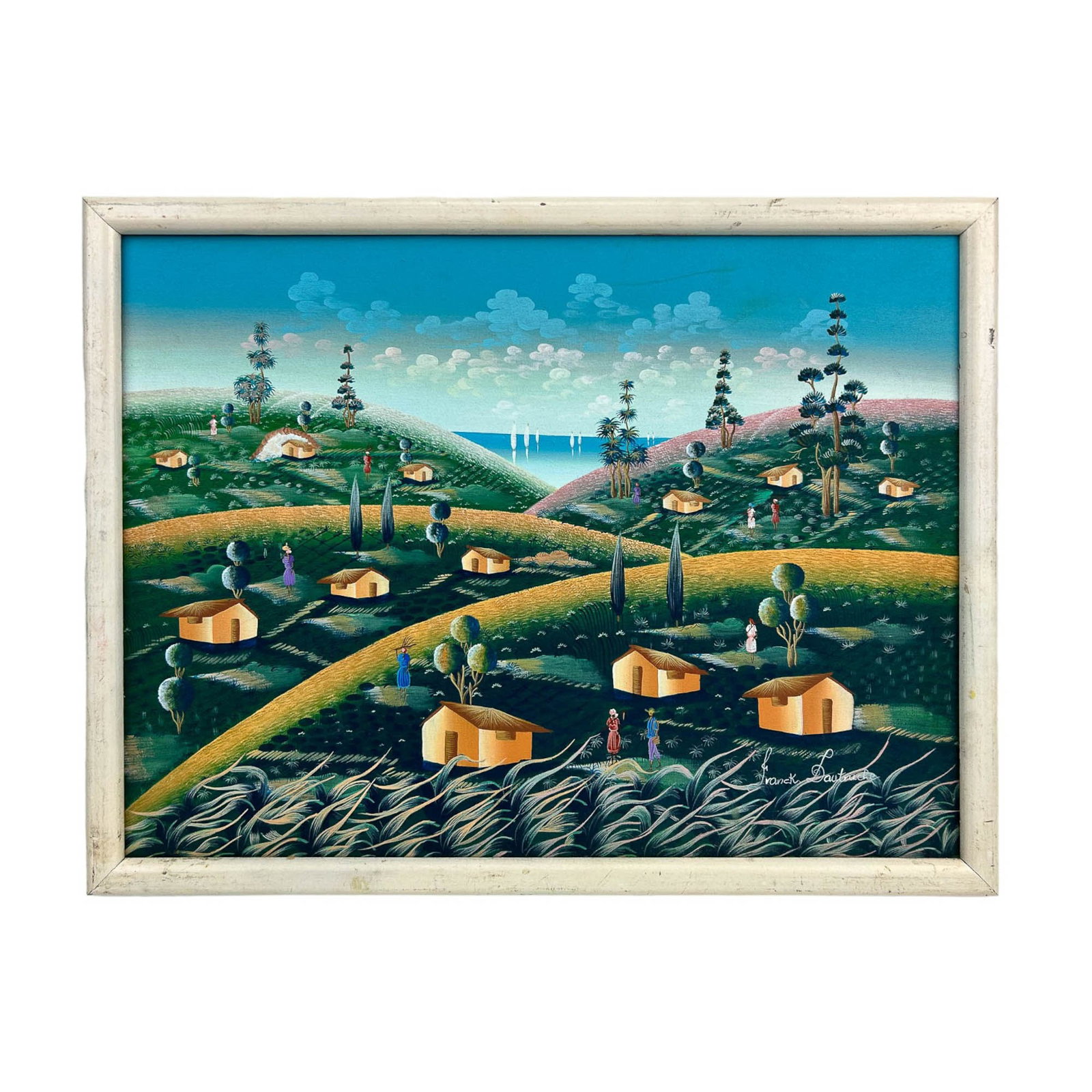Franck Dautrauche Haiti Village Scene Oil Painting: 20th century folk art style oil painting on canvas by Haitian artist Franck Dautrauche. Subject matter depicts a landscape scene of figures, houses, roads and trees against a sky blue ground and blue 
