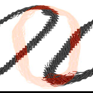 Red Salmon Bead Angelskin Coral 28 Strand Necklace: handcrafted ladies necklace comprised of a total of 28 strands of beaded red coral single strung on a red colored cord. Measures 31" in length. No apparent markings. Total weight : 104.5 grams. Condit