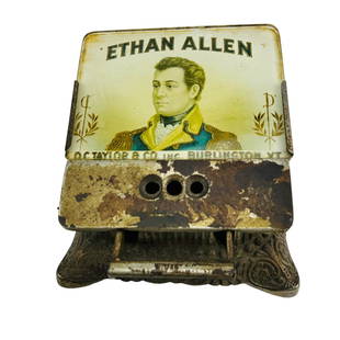 Antique Cast Iron Glass Advertising Cigar Cutter: Early 20th century cast iron push down advertising 3 hole tobacciana theme cigar cutter. Features a printed picture of the portrait face of Ethan Allen under glass with the words O.C. Taylor & Co. Bur