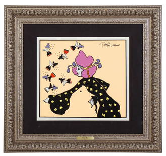 Peter Max b1937 Modern Abstract Figural Painting: Peter Max (German / American, born 1937). Original mixed media acrylic painting with serigraph on paper. Titled "Galaxy Lady." Hand signed upper right. Art certification by The Great Dane Collection.