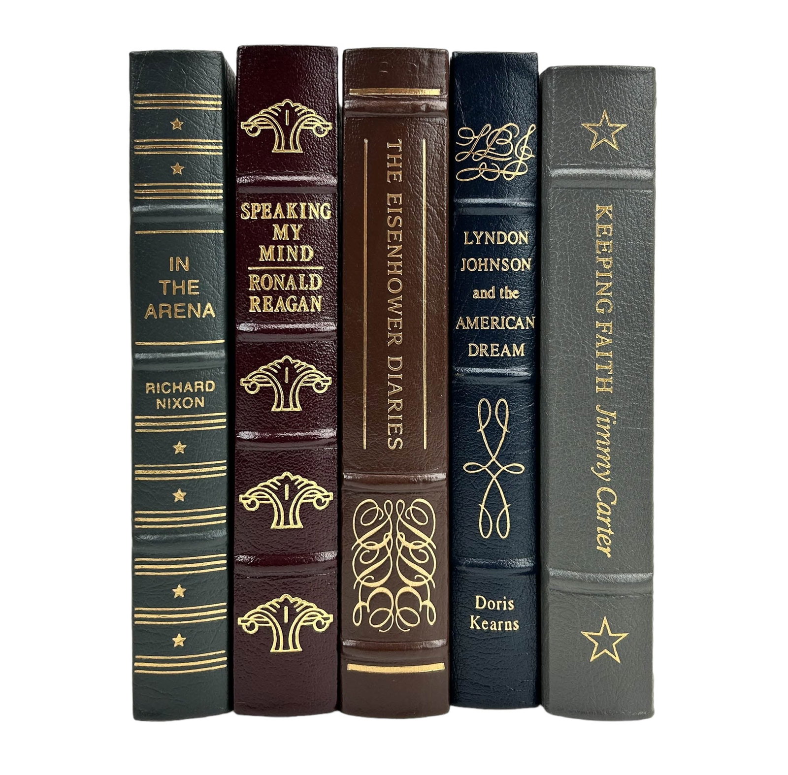 Nixon Reagan Carter Johnson & Eisenhower Book LOT: Estate collection lot of a total of 5 American history hardcover leather bound books published by the Easton Press. Titles include ~ The Eisenhower Diaries, Lyndon Johnson and The American Dream, Keep