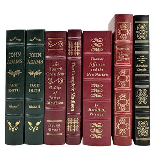 Lincoln Madison Jefferson Leather Bound Book LOT: Estate collection lot of a total of 7 American history hardcover leather bound books published by the Easton Press. Titles include ~ The Writings of Thomas Jefferson, The Literary Works of Abraham Lin