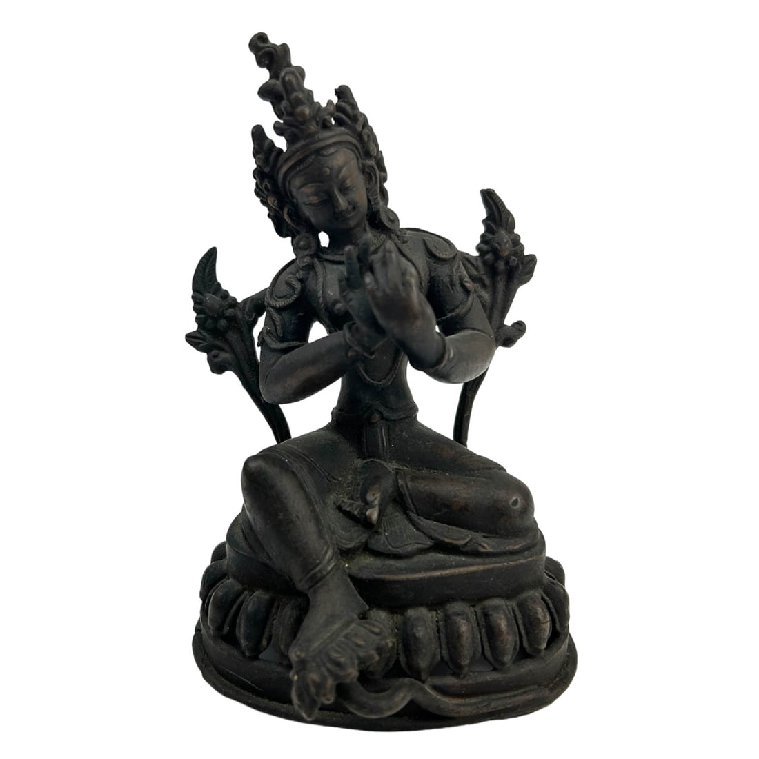 Southeast Asian Bronze Nude Temple Deity Sculpture: 20th century figural bronze sculpture depicting a seated partially nude lady in a meditative style pose. Nicely detailed. Retains it's patina. No apparent markings. Dimensions: 4.5 X 3 X 2.75 in. Cond