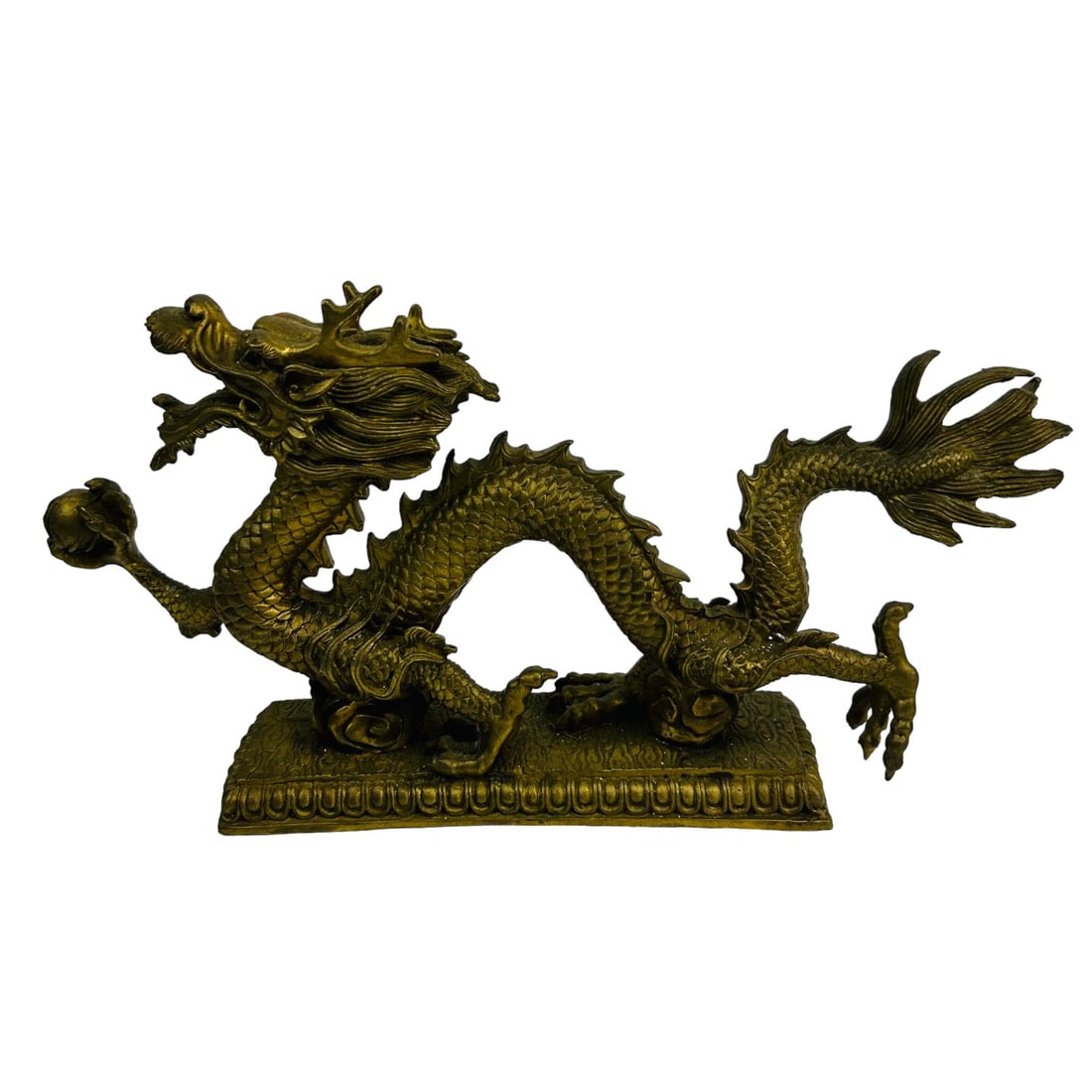 Chinese Bronze Dragon w Pearl of Wisdom Sculpture: Early 20th century bronze sculpture of Chinese cultural art. Depicts the legendary and mythological folk lore dragon creature holding a ball shaped form ( possibly the pearl of wisdom ). Well detailed