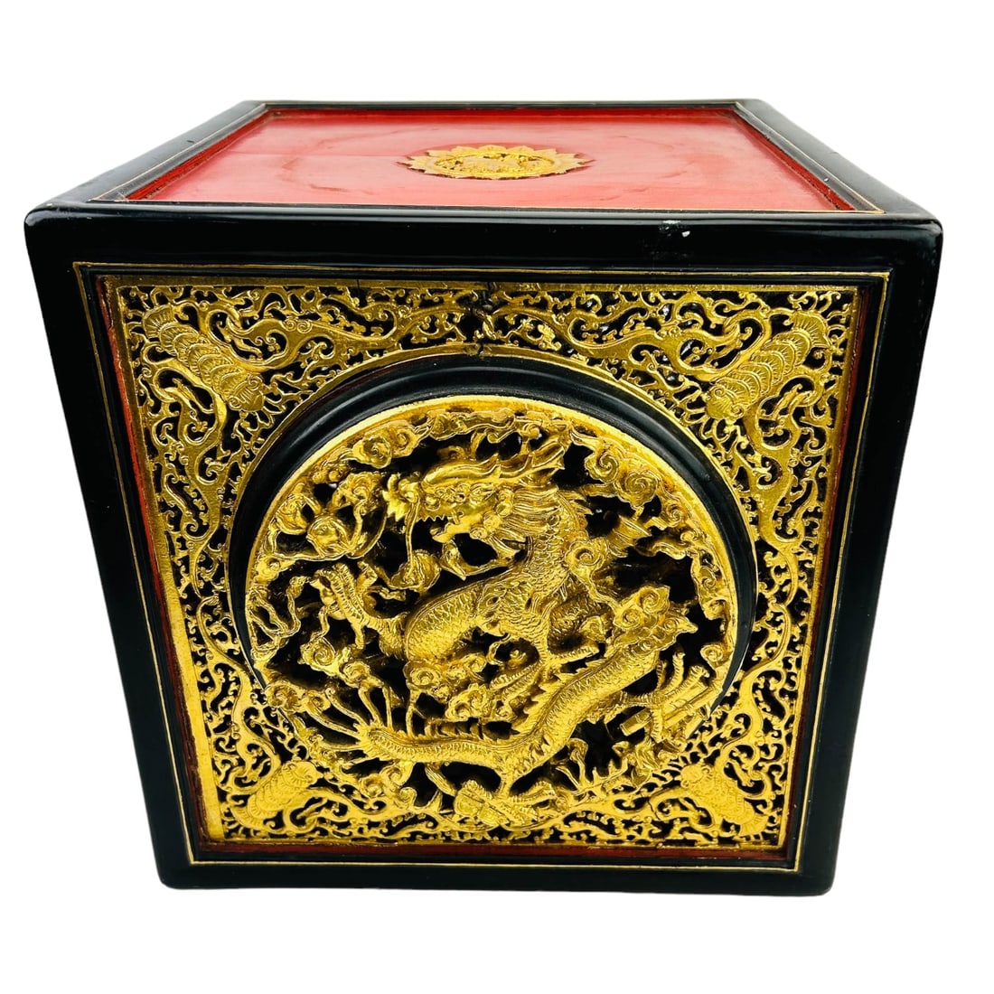 Chinese Figural Gilt Wood Opium Bed Side Panel 12": Chinese cultural art. The four sides around with deep relief hand carved scenes feature men / warriors on horseback and fighting ferocious legendary dragons, the remainder with shrimp style forms and