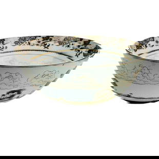 Chinese Brown on White Porcelain 15" Punch Bowl: A large and heavy porcelain bowl featuring a brown on white decoration. Interior graced with a figural, animal, castle, tree landscape and fluffy clouds, the border around with floral decorations and