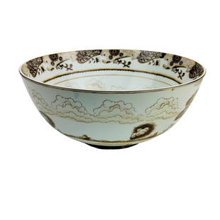 Chinese Brown on White Porcelain 15" Punch Bowl: A large and heavy porcelain bowl featuring a brown on white decoration. Interior graced with a figural, animal, castle, tree landscape and fluffy clouds, the border around with floral decorations and