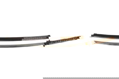 Vintage Japanese Wakizashi Samurai Sword SIGNED: An antique replica Japanese Wakazashi Samurai sword. Crafted from bronze, steel and other mixed metals, with a faux shagreen handle. Features a coiled rope textured surface to handle and scabbard, wit