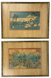 Utagawa Hiroshige 1797-1858 Woodblock Prints LOT: Utagawa Hiroshige ( Japanese, 1797 - 1858 ). Each colored woodblock print on paper features outdoor figural landscape scenes. Signed ~ with printed chop character marks upper right, lower left and upp