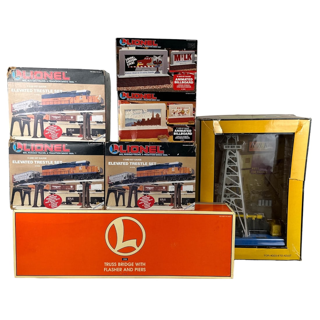 Lionel Trestle Set Billboard Bridge & Oil Derrick: Estate collection lot of Lionel train toy railway railroad themed memorabilia collectibles. Includes ~ 3 x 0 and 027 Gauge Elevated Trestle Sets # 6-12755. 2 x Animated Billboards. 1 x Truss Bridge wi