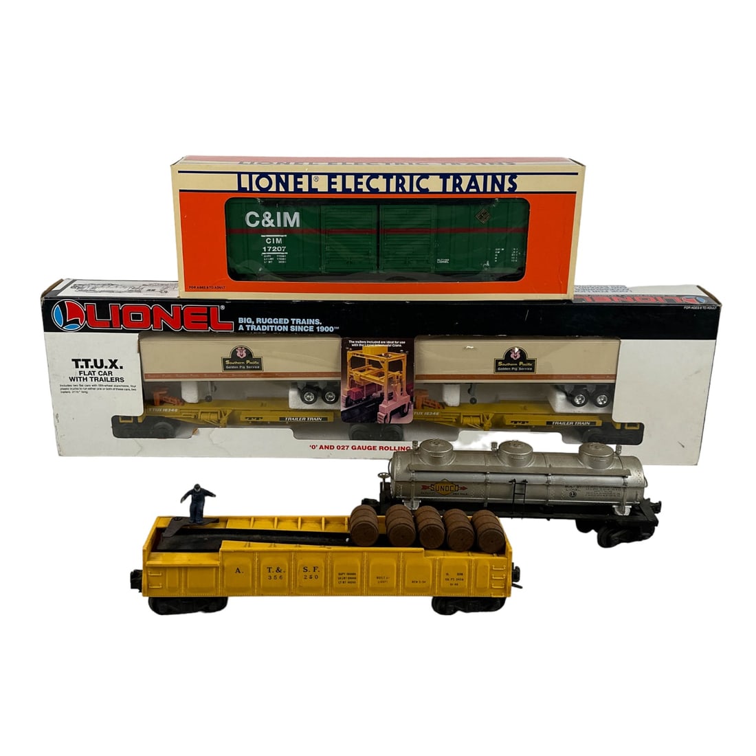 Lionel Double Door Boxcar Flatcar Trailer 4pc LOT (1 of 3)