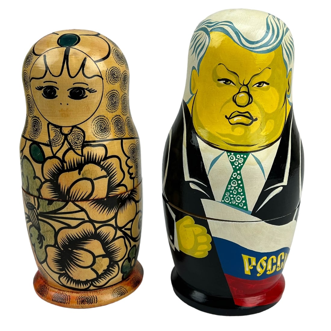 Russian Political Leader & Girl Nesting Dolls 2pc: Estate lot of 2 sets of 20th century Russia Russian folk art hand painted wood wooden nesting dolls. One set of 4 dolls comprises of political leaders including Gorbachev and Yeltsin. The other featur