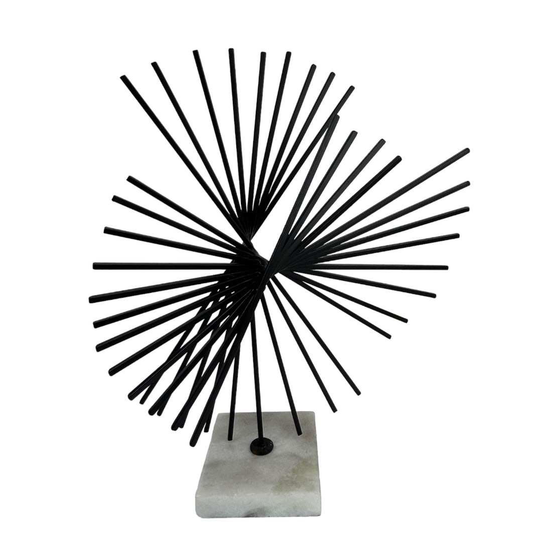 Modernist Abstract Jere Style Brutalist Sculpture: 21st century painted metal sculpture with a swirl sunburst design mounted on a rod that is affixed to a square white marble hardstone base. No apparent markings. Dimensions: 17 X 14.5 X 5.75 in. Condi