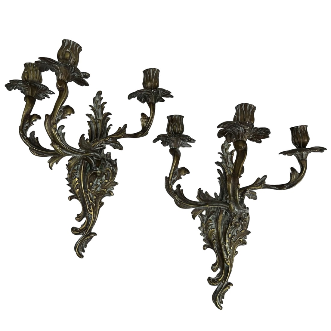 Bronze Pair French Louis XV Style 3 Light Sconces (1 of 6)