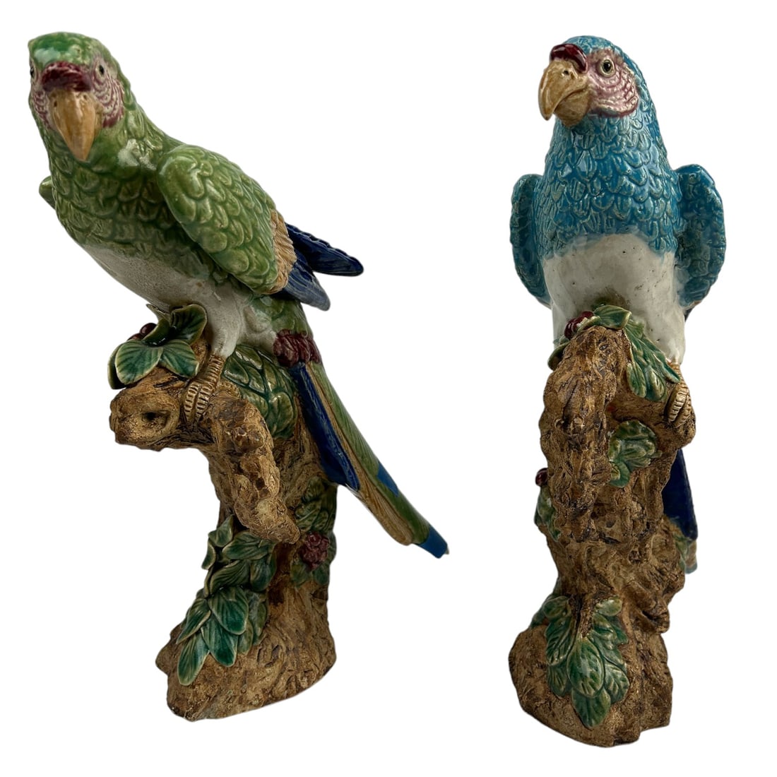 Chinese Pair Blue Parrot Pottery Sculpture 2pc Lot Auction