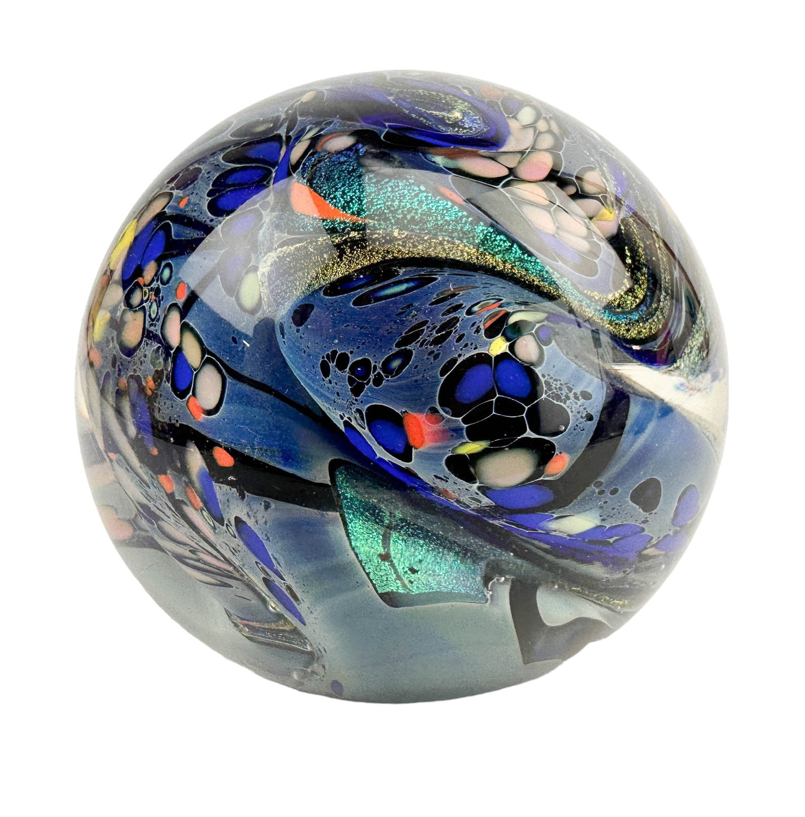 Rollin Karg Cased Dichroic 6" Glass Paperweight: Rollin Karg ~ American renowned and celebrated glass artisan from the Midwest. Founder of Karg Art Glass, Kansas. This large and heavy domed table desk paperweight features an abstract colorful compos