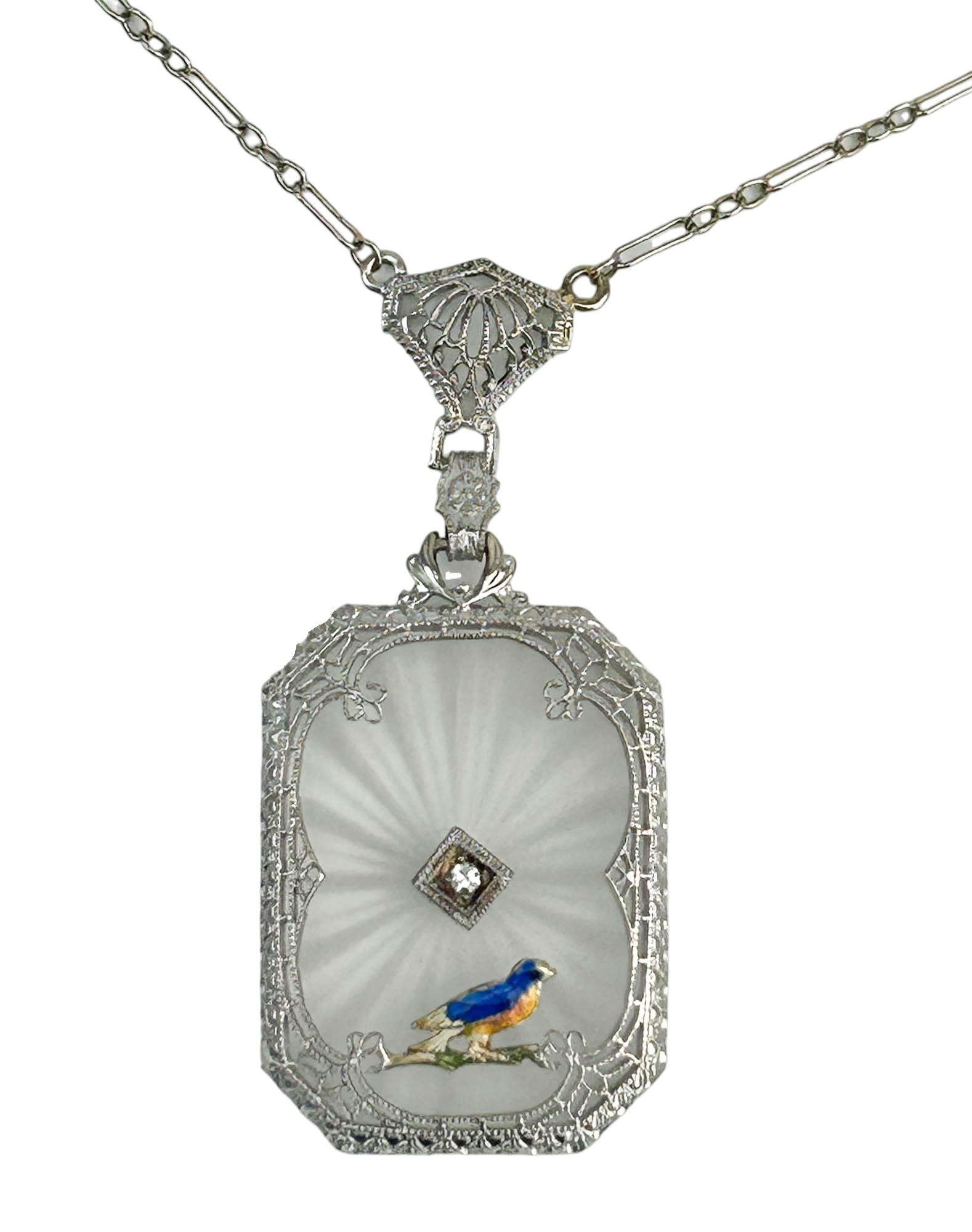 14K Gold Rock Crystal Enamel Bird Pendant Necklace (1 of 5)