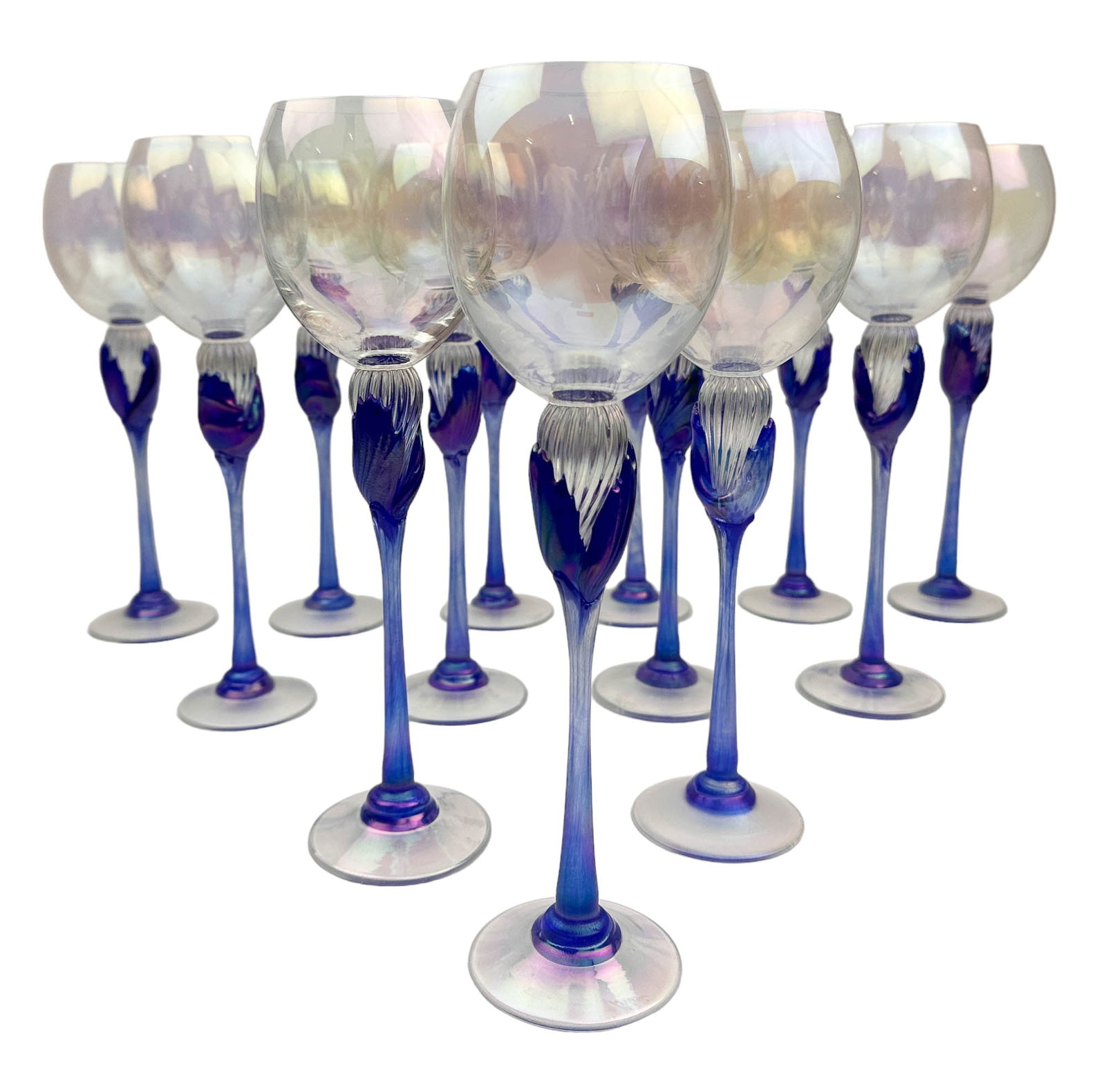 Studio Blown Iridescent Wine Glass SIGNED 12pc LOT: 20th century artisan studio hand blown art glass bar barware wine goblets. The iridescent bowls with a ribbed tapered stem each have an applied electric metallic blue iridescent leaf form on opposite