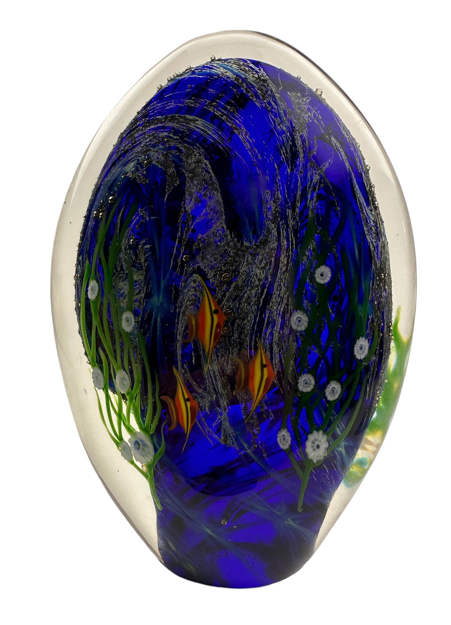 Zellique Art Glass Fish Tank Aquarium Sculpture: Late 20th century studio artisan hand blown art glass sculpture by Joseph Morel ( JM ) of Benica, California. Production years 1980 - 2005. This domed shaped flattened form article depicts an underwat
