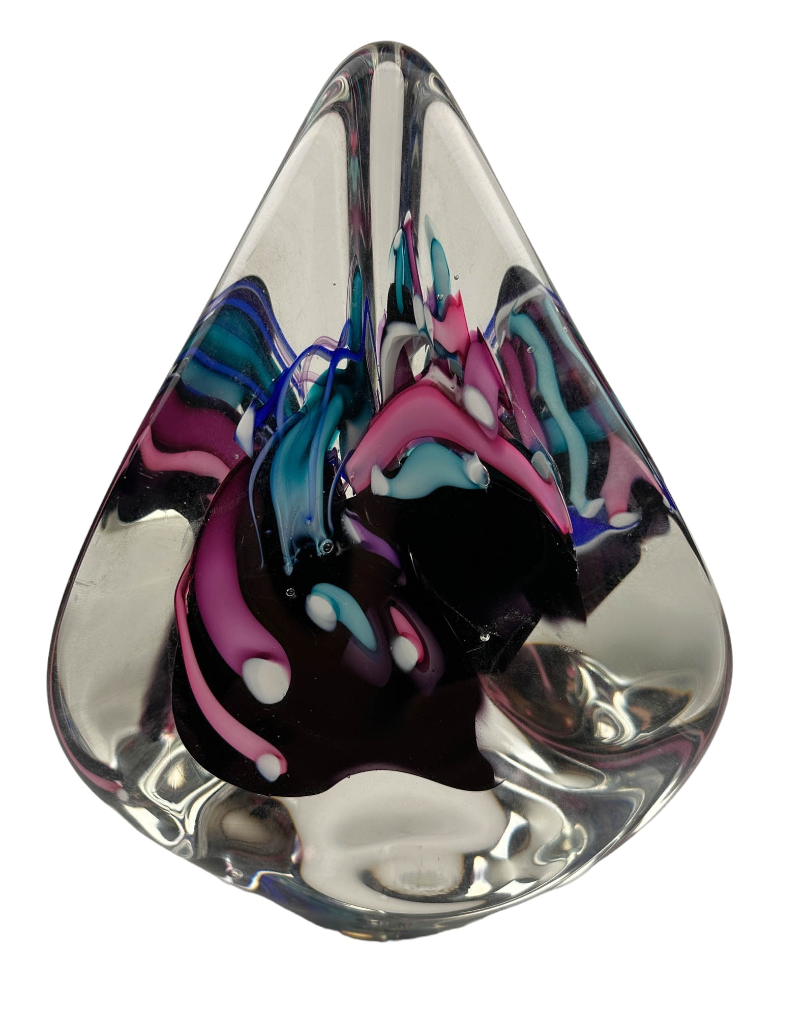 Schmidt Rhea Abstract Studio Cased Glass Sculpture: Artist ~ Michael Schmidt and Sonia Rhea studio hand blown glass sculpture. This late 20th century creation features a triangular shaped form with an internal multicolor abstract design, the compositio