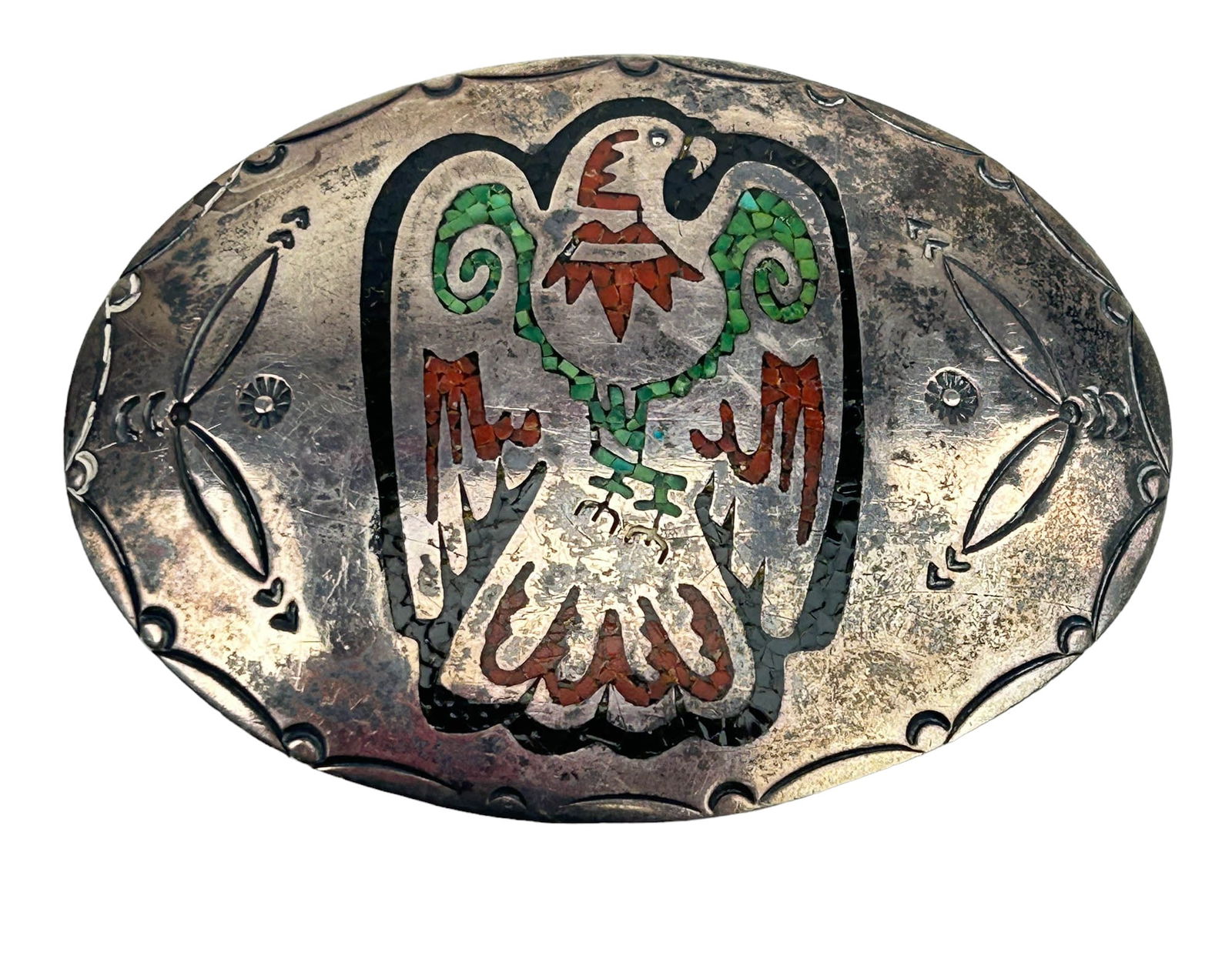 American Indian Sterling & Stone Inlay Belt Buckle (1 of 4)