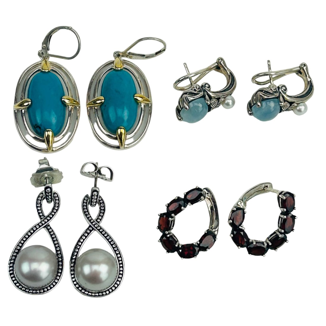 Sterling Turquoise Garnet Aquamarine Earring LOT: Estate collection lot of a total of 4 designer pierced earrings. Each pair showcases either turquoise, garnets, freshwater pearls or aquamarines. Measure from 3/4" - 1 1/2". Signed ~ stamped Judith Ri