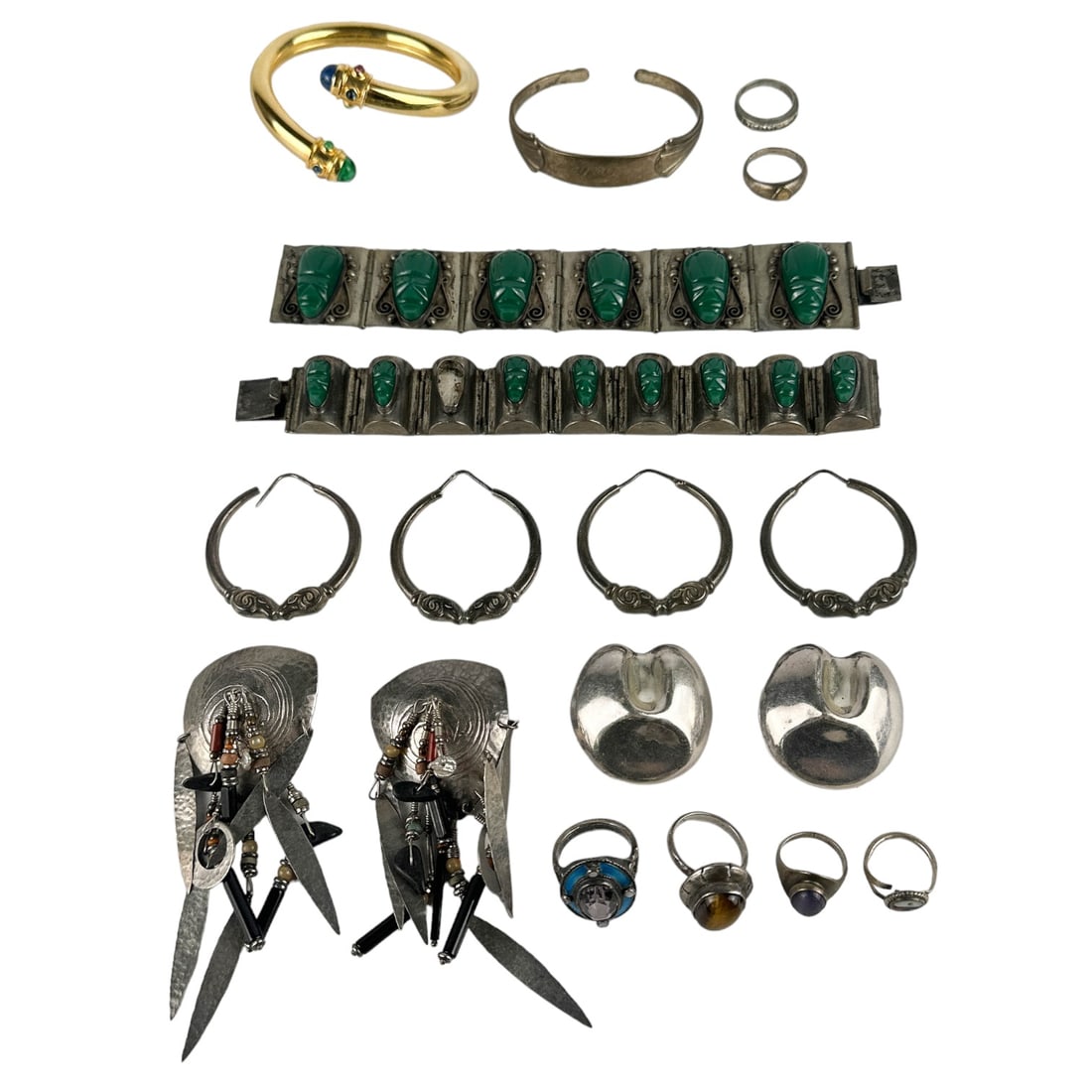 Sterling Silver Ring Earrings Bracelet Bangle LOT: Estate collection lot of a total of 14 ladies jewelry articles. Includes ~ 6 x rings, 4 pairs of earrings ( 2 for pierced ears, 2 are clip ons ). 2 bangle cuff bracelets. 2 x panel link bracelets with