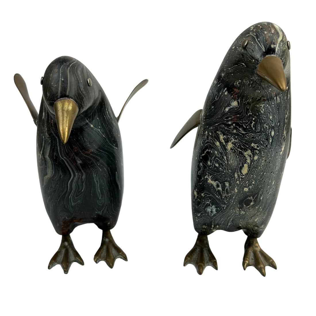 Frederick Cooper Style Penguin Sculpture 2pc LOT: Estate lot of 2 hand crafted bird sculptures. Each depicts this aquatic flightless bird modeled with a gray white marbled texture composite body with applied gilt brass pointed beak, flipper style win