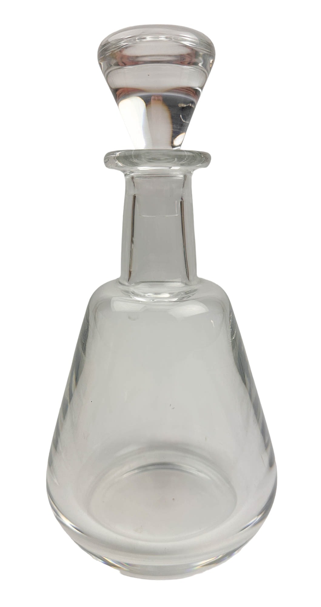 Baccarat Crystal Perfection Art Deco Bar Decanter: French early 20th century France crystal art glass barware alcohol, wine, liquor decanter. Modeled by Baccarat in their Perfection pattern which was introduced in 1933. Simple shape to the body with s