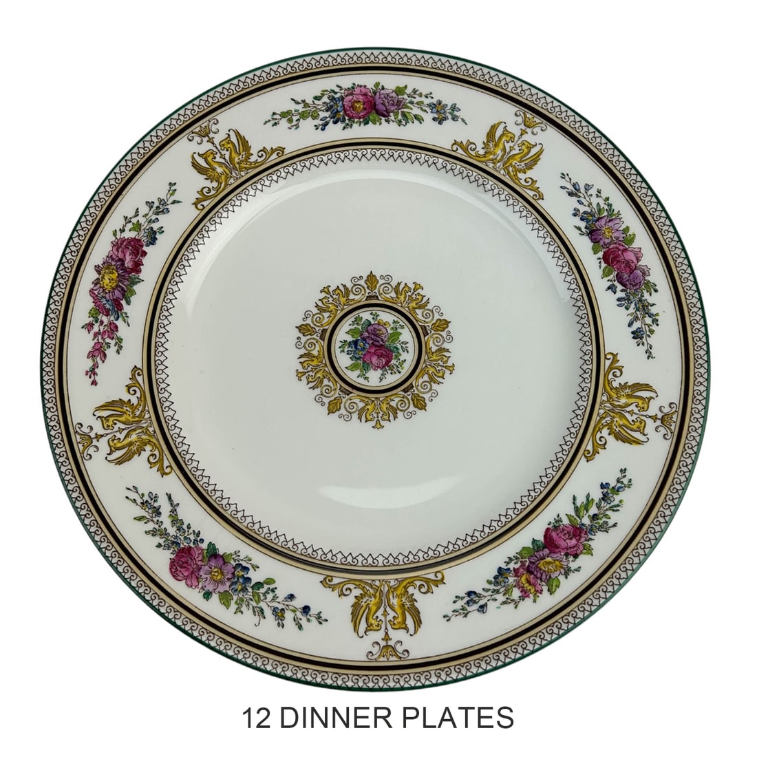 Wedgwood Columbia White Porcelain Dinner Plate LOT: English 20th century porcelain dinner plates by Wedgwood, England. Pattern : Columbia White. Production years : 1924 - 1997. Design features yellow Griffons and floral decorations against a white grou