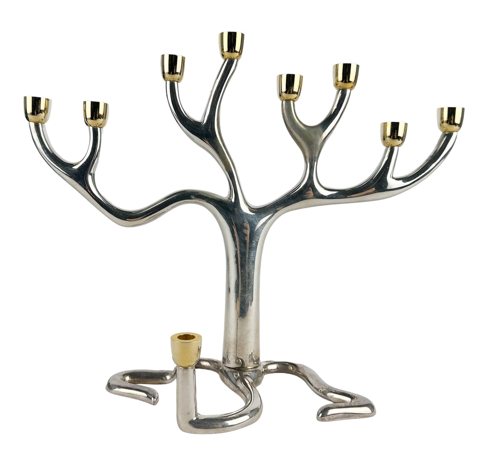 Sandra Kravitz for Rosenthal Judaica Menorah w Box: Jewish Judaica Israel mixed metal candleholder by Sandra Kravitz for the German based company, Rosenthal. The menorah is styled like a tree symbolic of The Tree of Life. Modeled with a silver plate bo