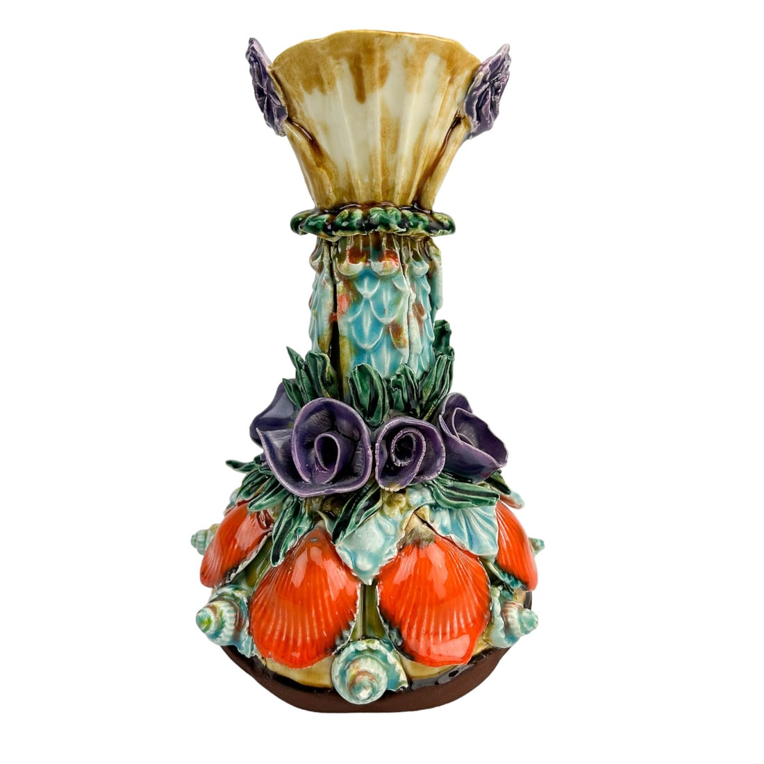 Majolica Style Portrait Floral Shell Ceramic Vase (1 of 6)
