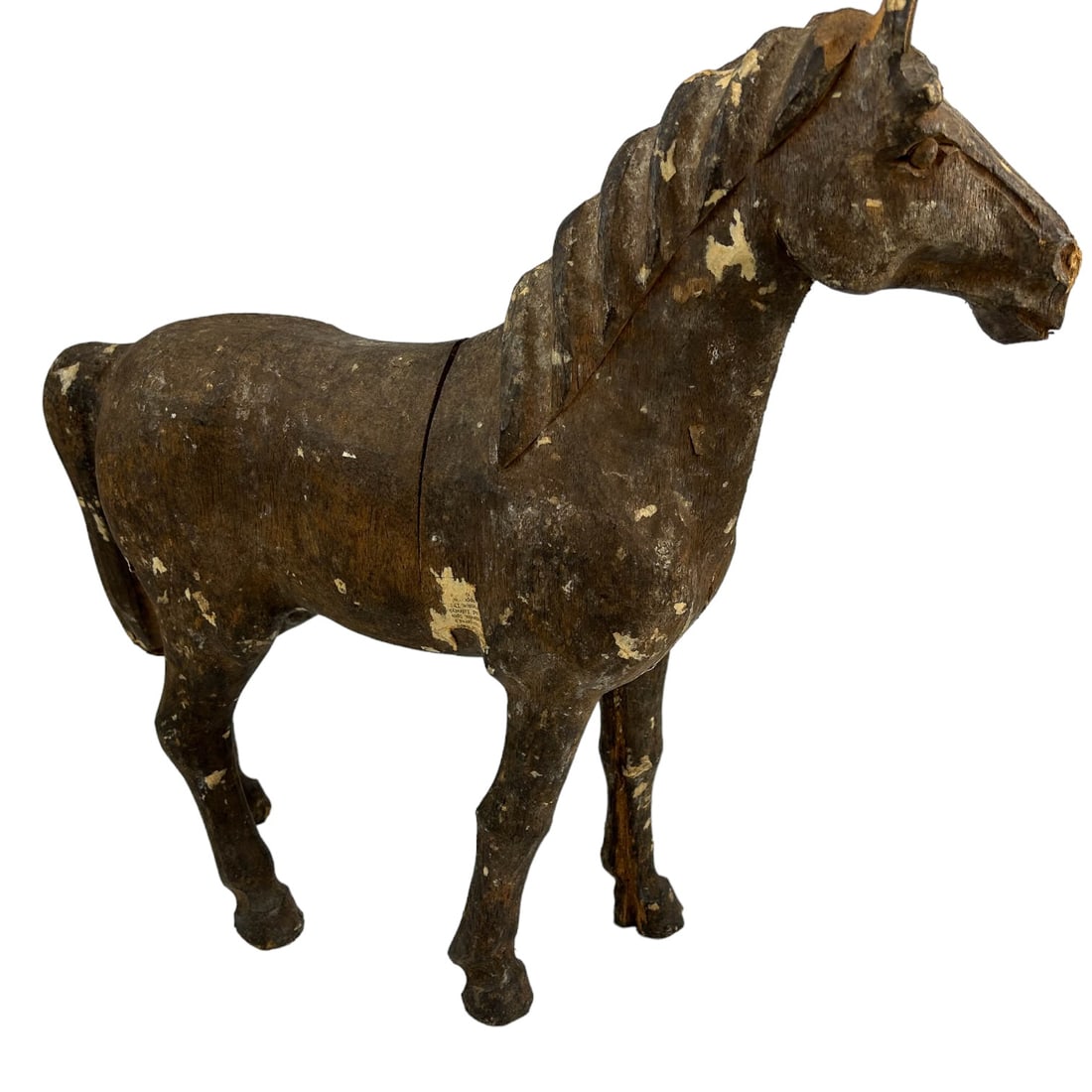 Antique Folk Art Horse Equestrian Wood Sculpture: Late 19th early 20th century hand carved wooden stallion mustang horse sculpture possibly of American origin. Features this domesticated one toed hoofed mammal in standing, attentive pose. No apparent