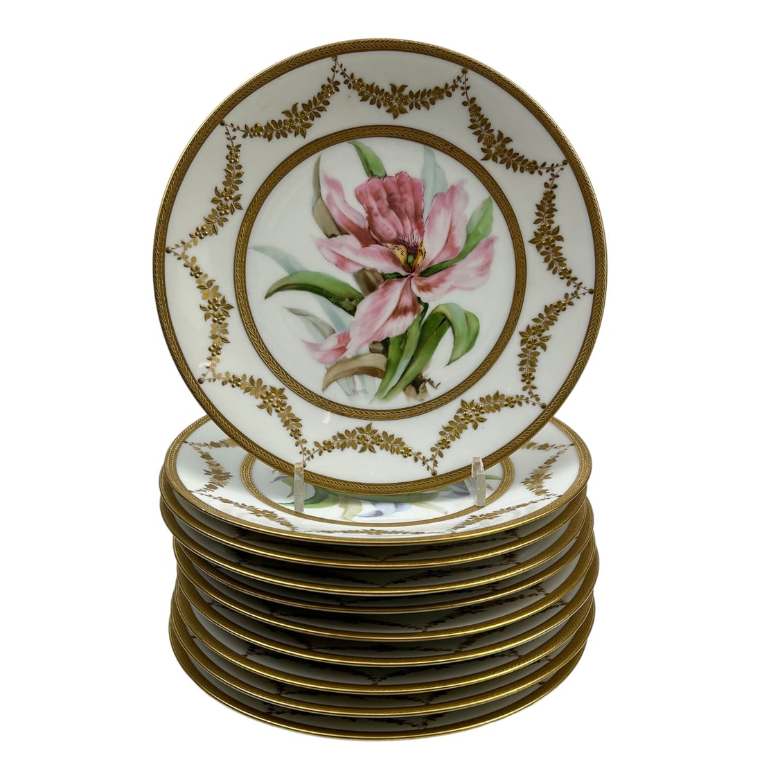 Limoges French Painted Porcelain Floral Plate LOT: Early 20th century France hand painted porcelain curio cabinet decorative plates. Each graced with a pretty fully bloomed Iris flower in colors ranging from baby pink to lavender to purple, with a gol