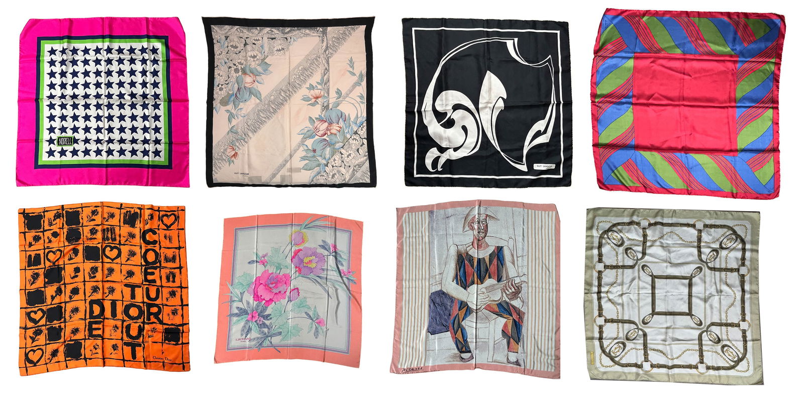 Cartier Dior Picasso Guy Laroche Silk Scarf 8p LOT: A collection of eight (8) ladies designer silk scarves. Includes: one (1) Must de Cartier equestrian themed kerchief with rolled edge; one (1) Christian Dior orange and black silk scarf with abstract