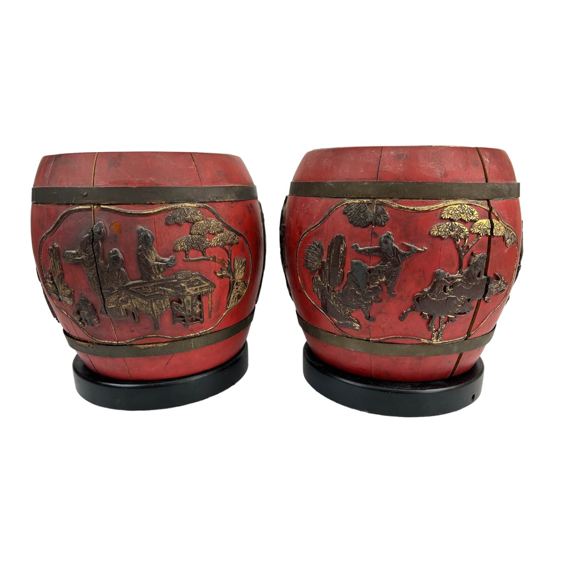Chinese Pair Carved Wood Figural Drum Lamp Bases (1 of 8)