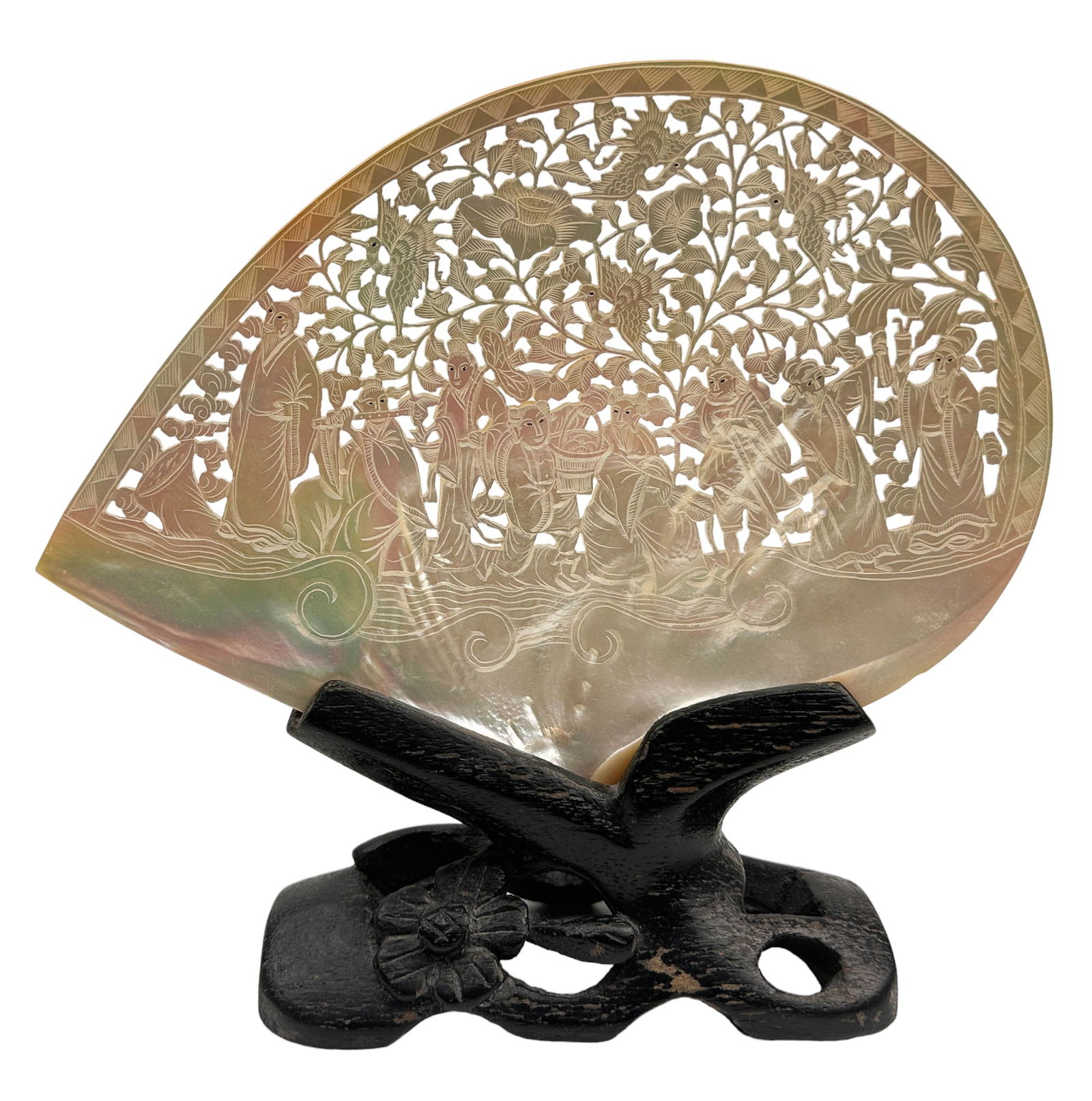 Chinese Mother Pearl Carved Pierced Shell w/ Stand (1 of 7)