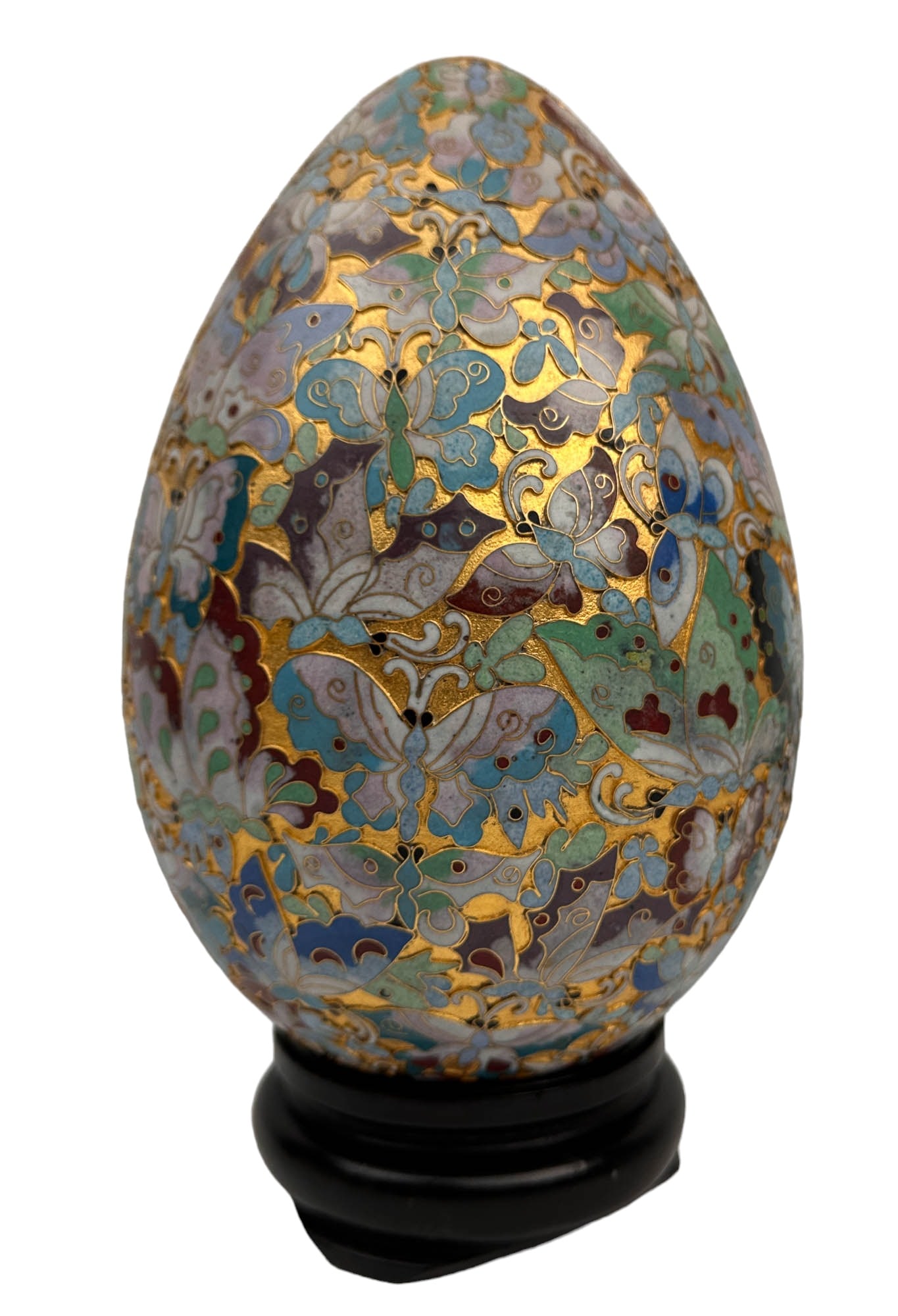 Chinese Cloisonne Enamel Butterfly 10" Egg w Stand (1 of 5)