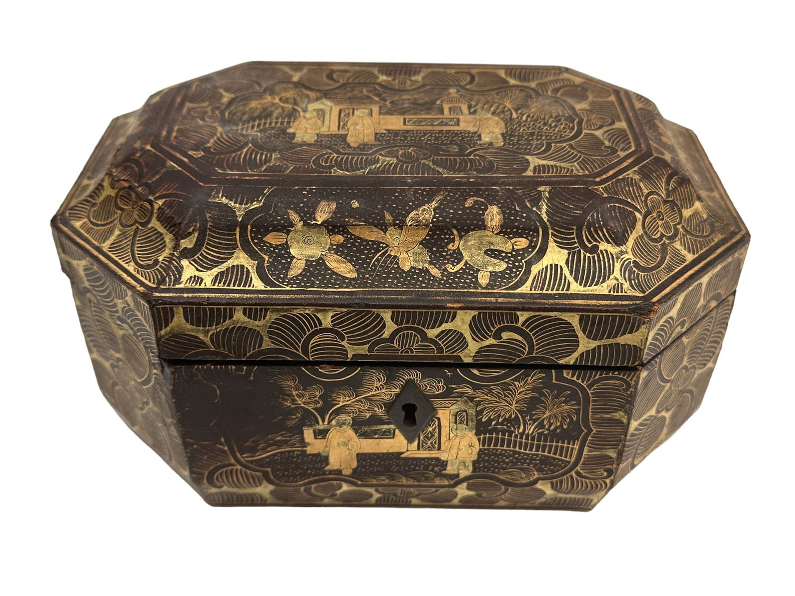 Chinese Gold Black Lacquer Octagonal Tea Caddy Box (1 of 11)