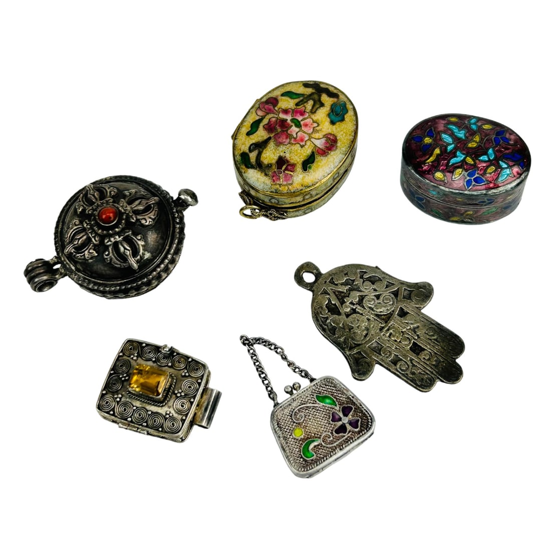 Chinese Silver 925 Enamel 20C Pill Box Pendant LOT (1 of 6)