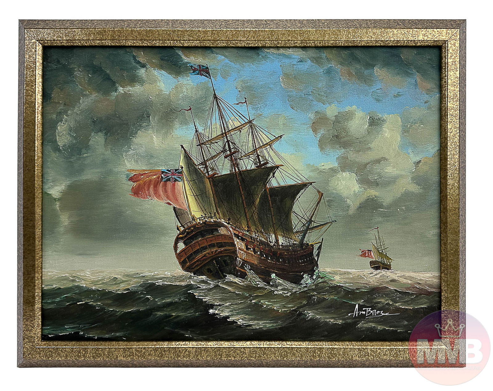 John Ambrose 1931-2010 Warship Boat Oil Painting (1 of 4)