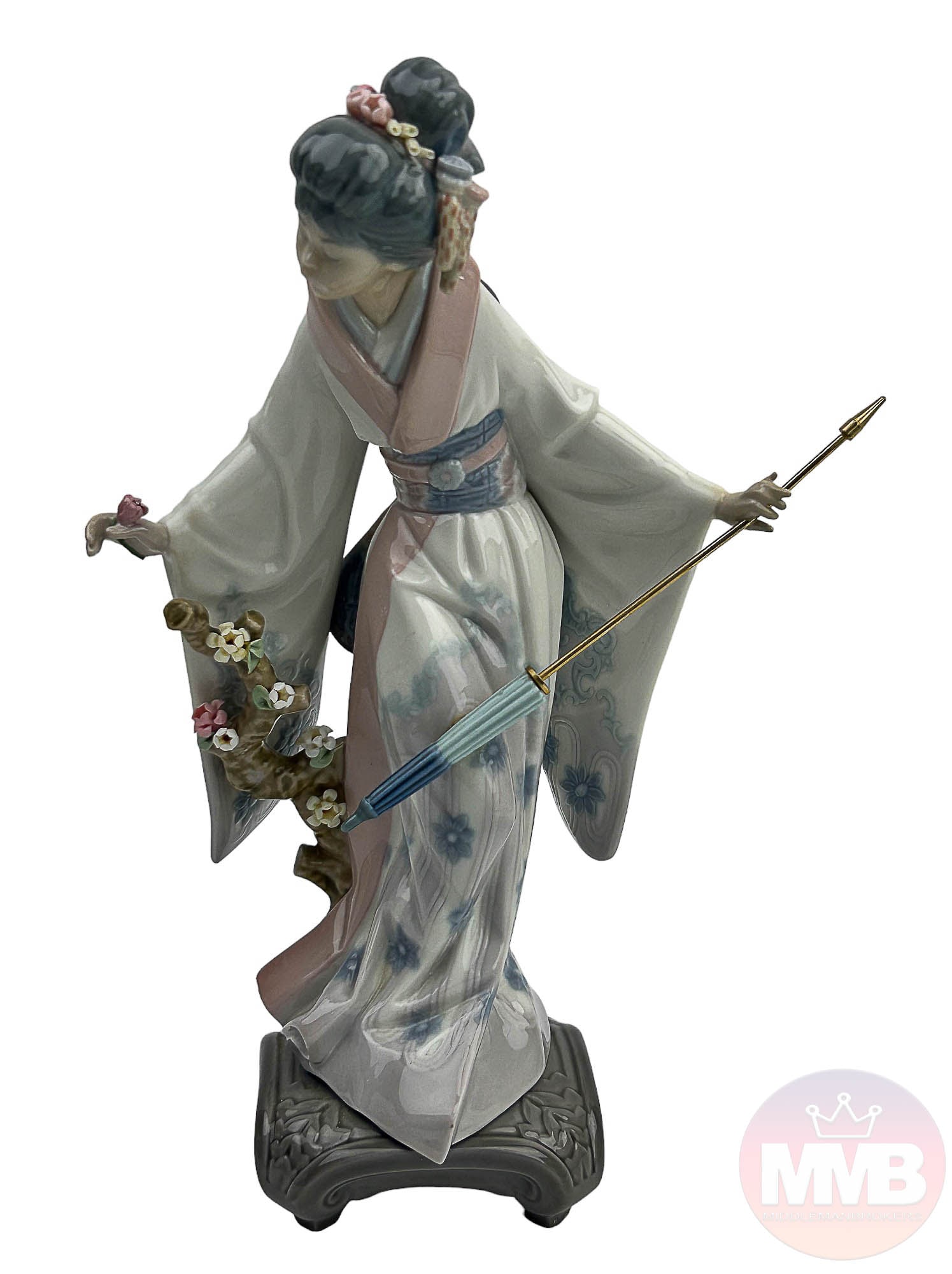 Lladro Spain Teruko #1451 Geisha Parasol Figurine: Lladro Spain hand painted porcelain curio cabinet display figurine. tilted : Teruko. Model number 1451. Sculptor : Salvador Debon. Production Years : 1983 - 2013 : Finish : Glazed. Signed ~ stamped wi